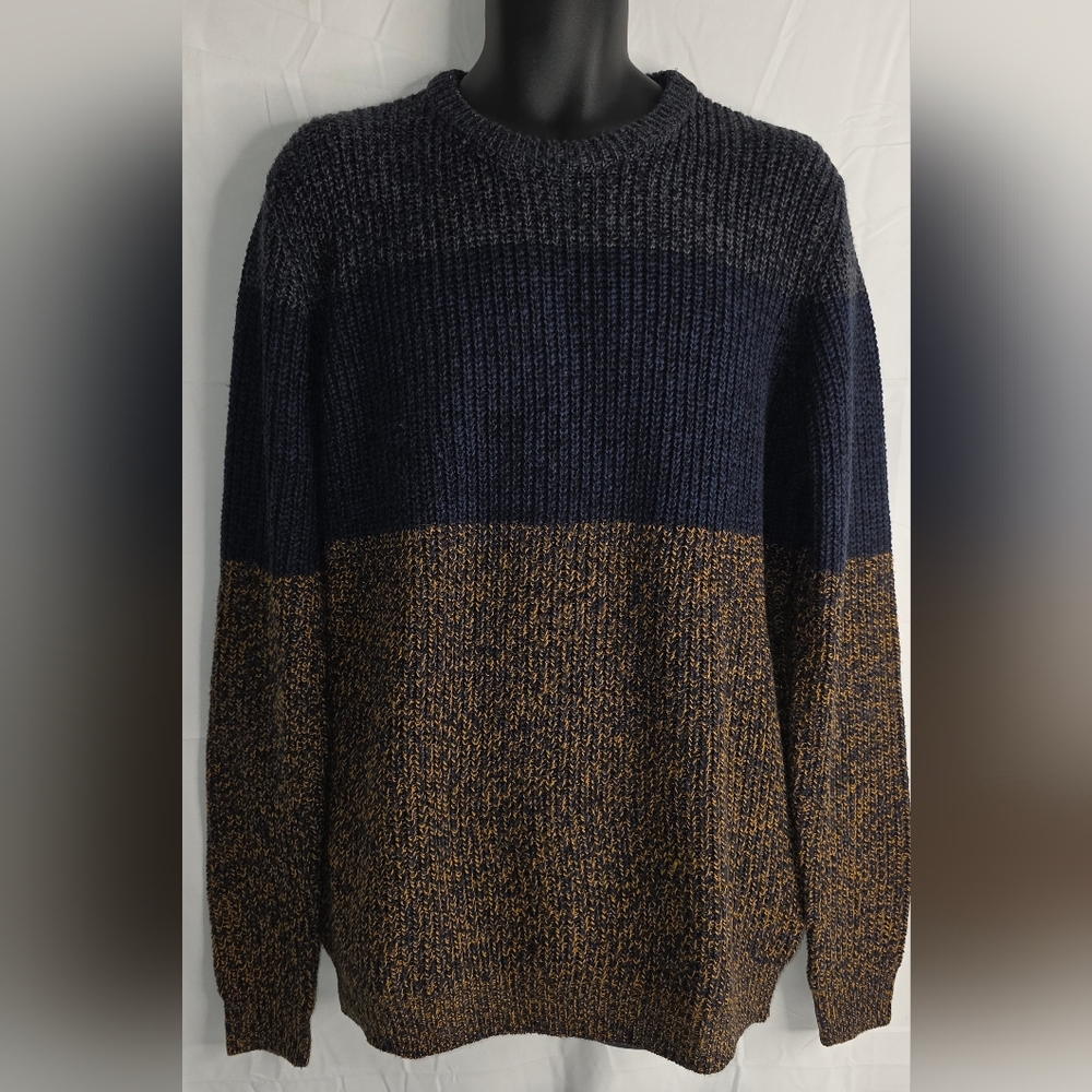 Pull & Bear Men's Two-Tone Warm Crewneck Sweater Navy and Brown Size XL CL-3217
